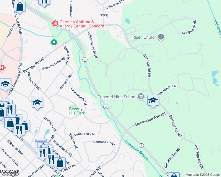 map of restaurants, bars, coffee shops, grocery stores, and more near Windsor Place Northeast in Concord
