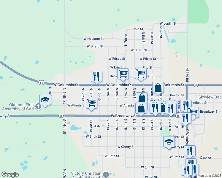 map of restaurants, bars, coffee shops, grocery stores, and more near 304 North 9th Street in Okemah