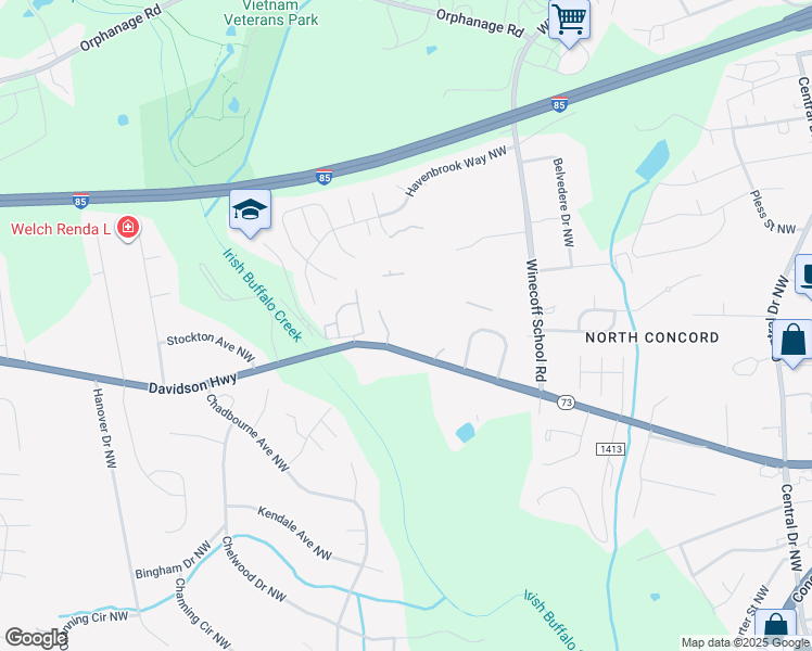 map of restaurants, bars, coffee shops, grocery stores, and more near Chapwin Circle Northwest in Concord