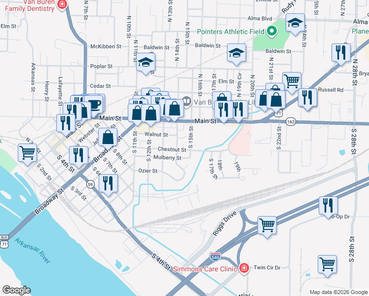 map of restaurants, bars, coffee shops, grocery stores, and more near 1411 Chestnut Street in Van Buren