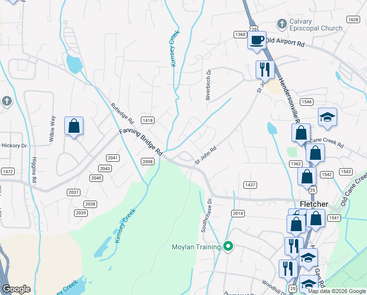 map of restaurants, bars, coffee shops, grocery stores, and more near 124 Grove End Road in Fletcher