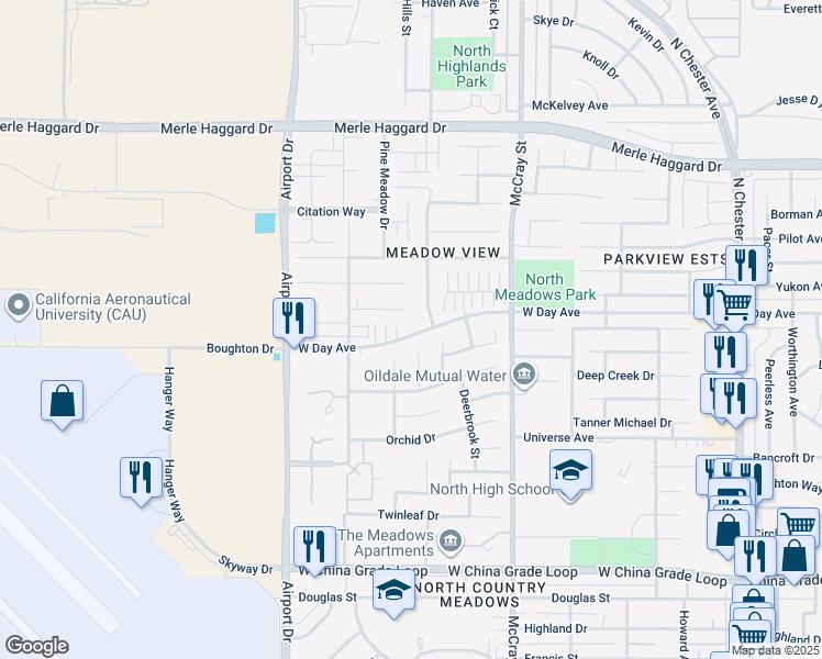 map of restaurants, bars, coffee shops, grocery stores, and more near 3013 Pinecreek Court in Bakersfield