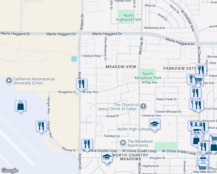 map of restaurants, bars, coffee shops, grocery stores, and more near 3013 Pinecreek Court in Bakersfield