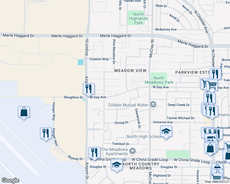 map of restaurants, bars, coffee shops, grocery stores, and more near 702 West Day Avenue in Bakersfield