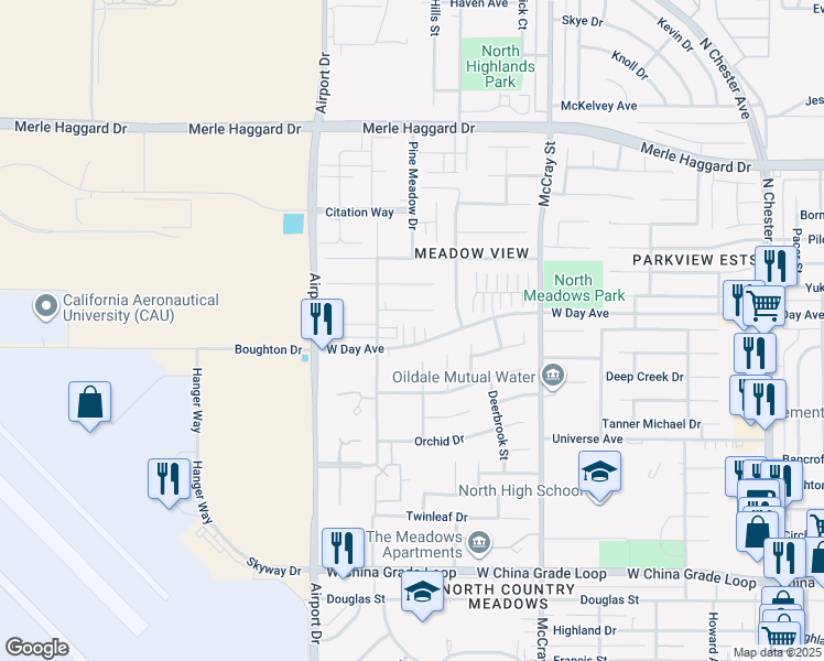 map of restaurants, bars, coffee shops, grocery stores, and more near 702 West Day Avenue in Bakersfield