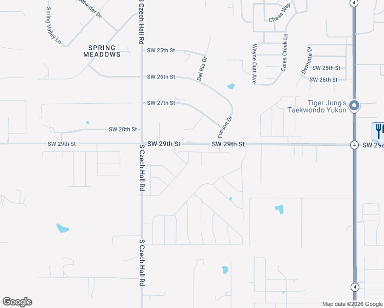 map of restaurants, bars, coffee shops, grocery stores, and more near 11900-12112 Southwest 29th Street in Yukon