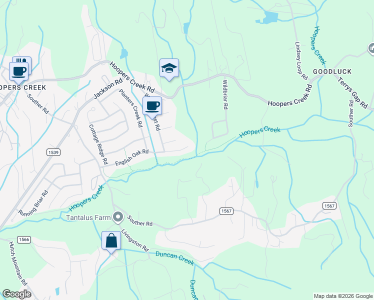 map of restaurants, bars, coffee shops, grocery stores, and more near 444 English Oak Road in Fletcher
