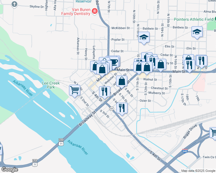 map of restaurants, bars, coffee shops, grocery stores, and more near 611 Jefferson Street in Van Buren