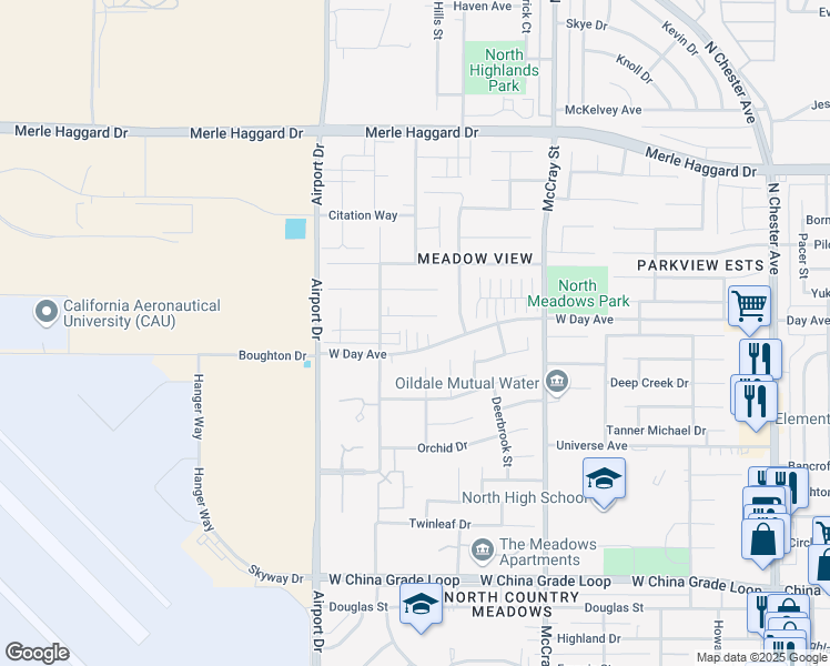map of restaurants, bars, coffee shops, grocery stores, and more near 702 West Day Avenue in Bakersfield