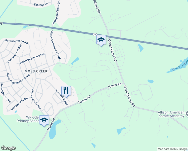 map of restaurants, bars, coffee shops, grocery stores, and more near 9120 Harris Road in Concord