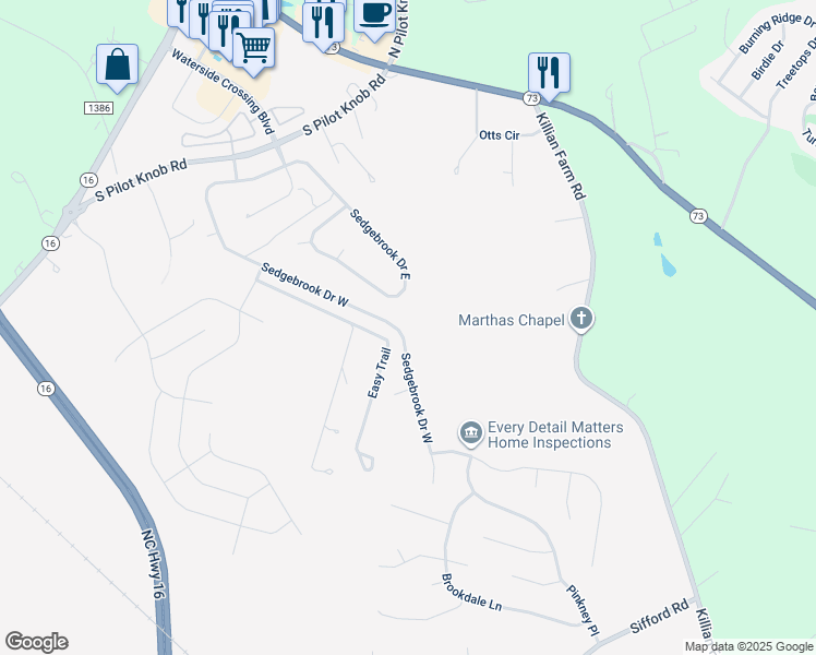 map of restaurants, bars, coffee shops, grocery stores, and more near 7200 Sedgebrook Drive West in Stanley