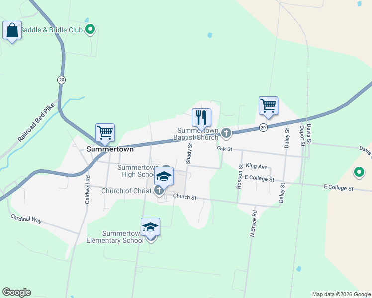 map of restaurants, bars, coffee shops, grocery stores, and more near 104 Shady Street in Summertown