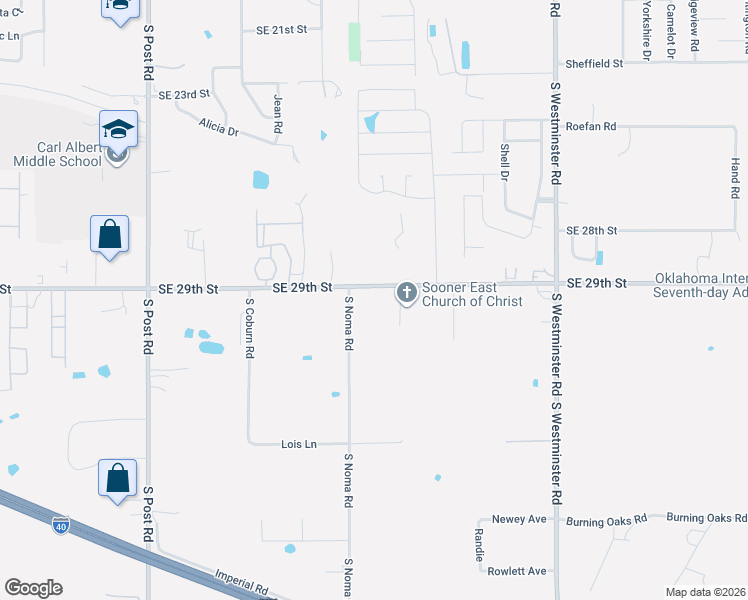 map of restaurants, bars, coffee shops, grocery stores, and more near 3030 South Noma Road in Oklahoma City