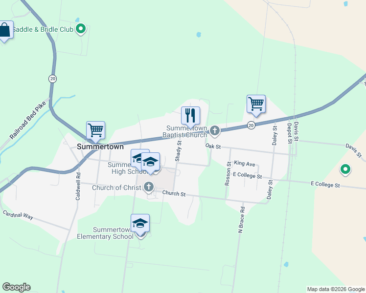 map of restaurants, bars, coffee shops, grocery stores, and more near 104 Shady Street in Summertown