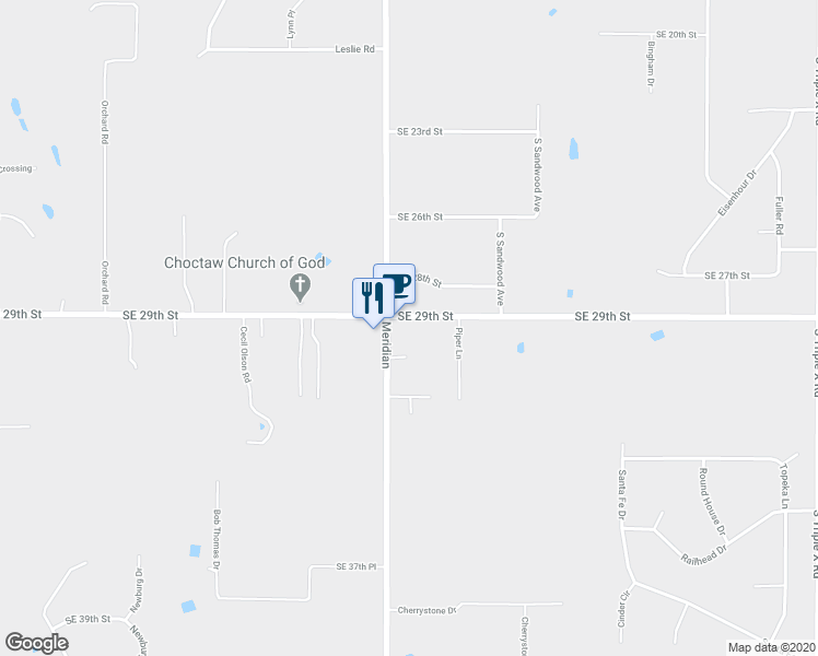 map of restaurants, bars, coffee shops, grocery stores, and more near 16008 Southeast 29th Street in Choctaw