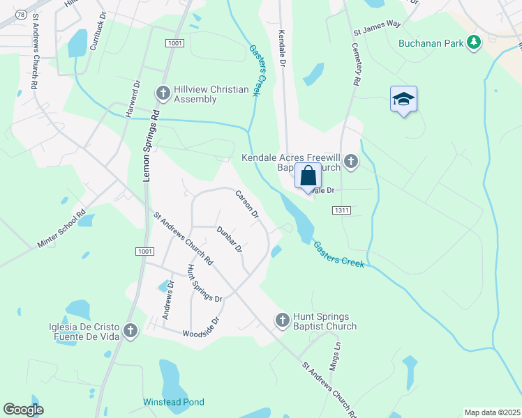 map of restaurants, bars, coffee shops, grocery stores, and more near 4117 Carson Drive in Sanford
