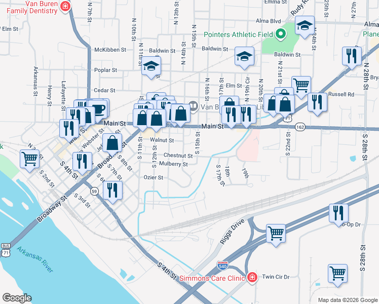 map of restaurants, bars, coffee shops, grocery stores, and more near 1411 Chestnut Street in Van Buren