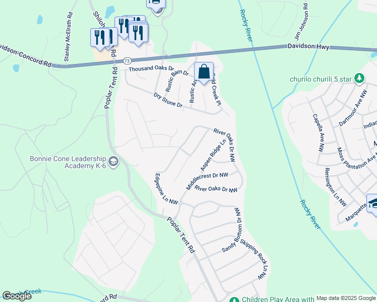 map of restaurants, bars, coffee shops, grocery stores, and more near 1416 Overlea Place Northwest in Concord