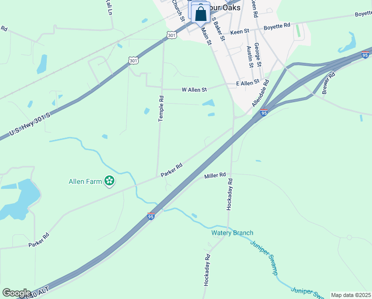map of restaurants, bars, coffee shops, grocery stores, and more near 216 Parker Road in Four Oaks