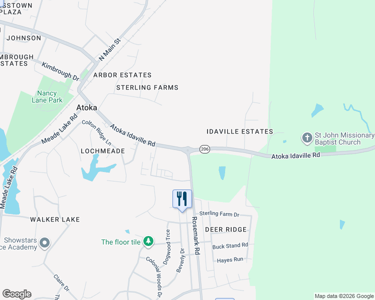 map of restaurants, bars, coffee shops, grocery stores, and more near 1399 Atoka Idaville Road in Atoka