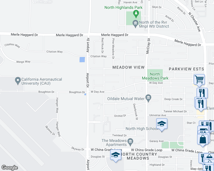 map of restaurants, bars, coffee shops, grocery stores, and more near 702 West Day Avenue in Bakersfield
