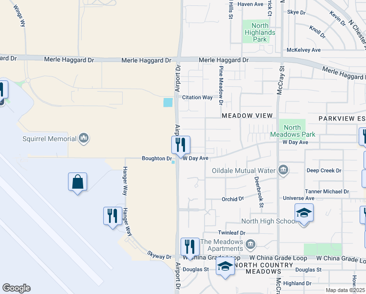 map of restaurants, bars, coffee shops, grocery stores, and more near 3115 Alhambra Meadow Court in Bakersfield