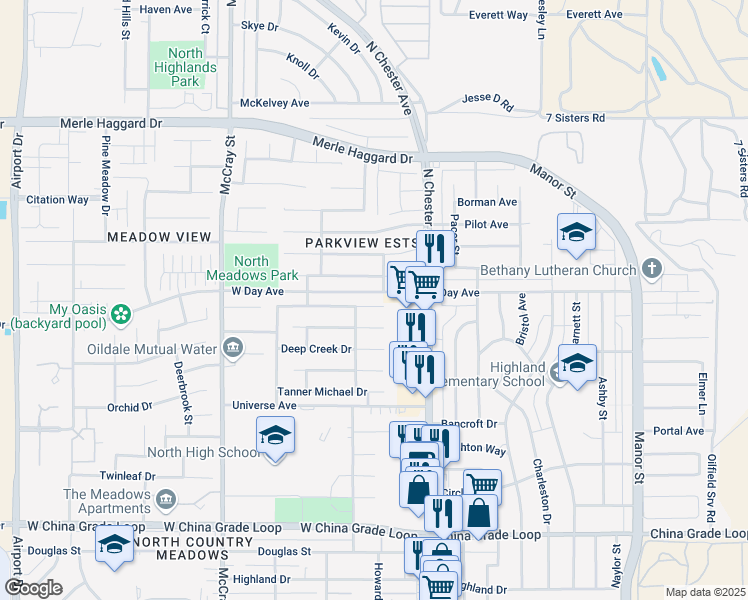 map of restaurants, bars, coffee shops, grocery stores, and more near 242 Bighorn Meadow Drive in Bakersfield