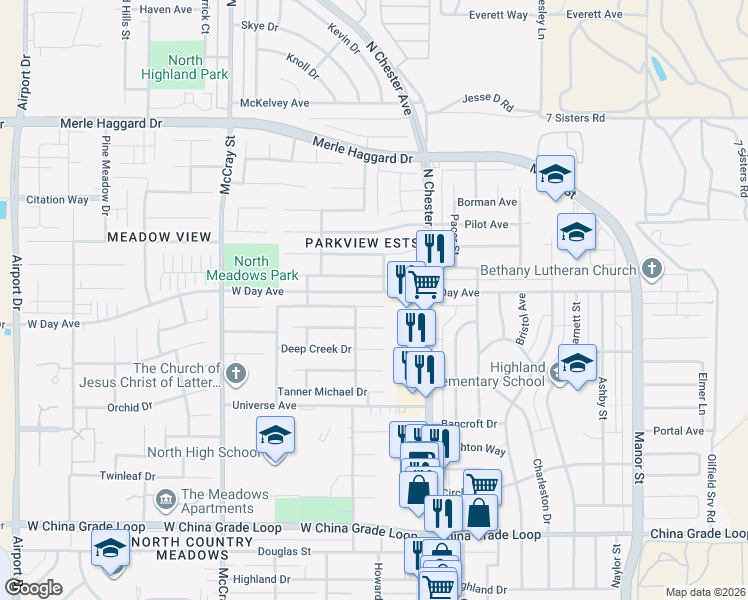 map of restaurants, bars, coffee shops, grocery stores, and more near 243 Bighorn Meadow Drive in Bakersfield