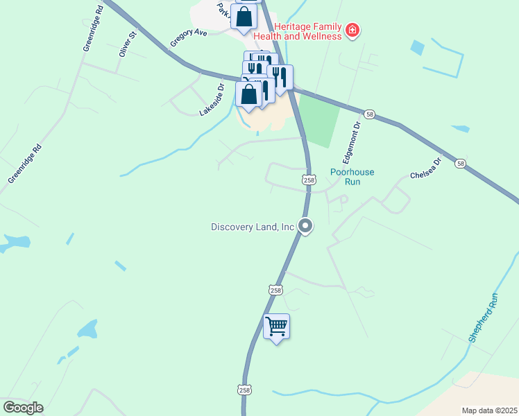 map of restaurants, bars, coffee shops, grocery stores, and more near Arrowhead Drive in Greene County