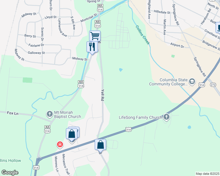 map of restaurants, bars, coffee shops, grocery stores, and more near 875 Yell Road in Lewisburg