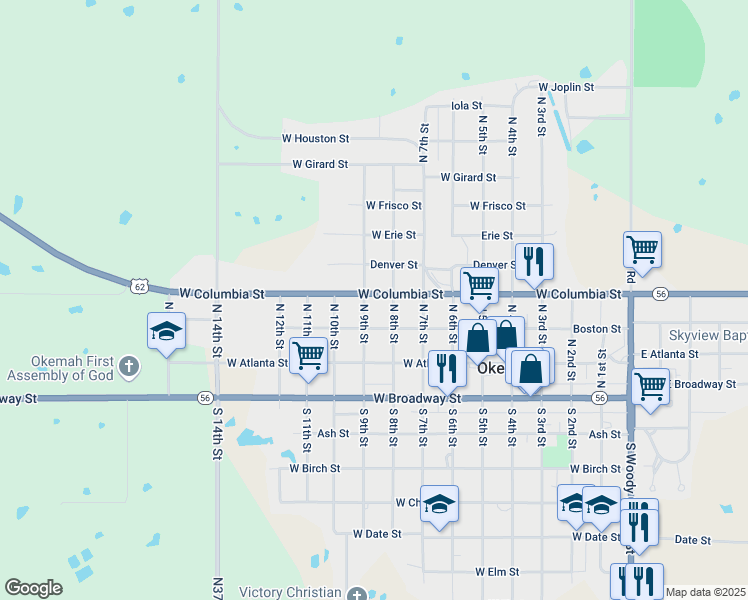map of restaurants, bars, coffee shops, grocery stores, and more near 304 North 9th Street in Okemah