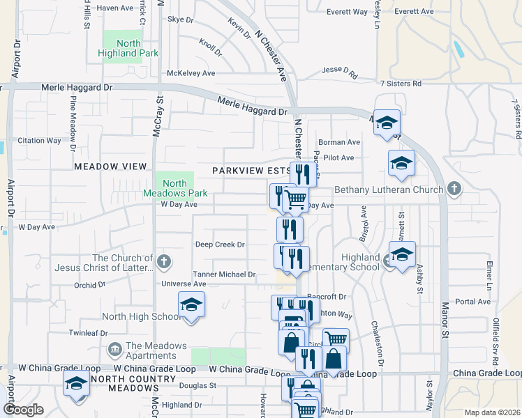 map of restaurants, bars, coffee shops, grocery stores, and more near 243 Bighorn Meadow Drive in Bakersfield