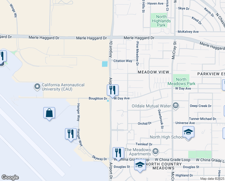 map of restaurants, bars, coffee shops, grocery stores, and more near 3115 Alhambra Meadow Court in Bakersfield