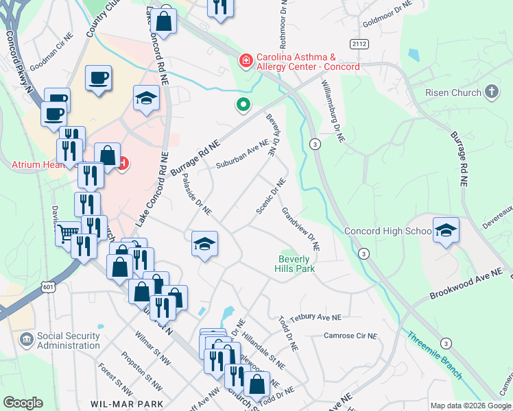 map of restaurants, bars, coffee shops, grocery stores, and more near 178 Scenic Drive Northeast in Concord
