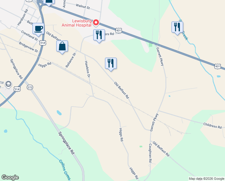map of restaurants, bars, coffee shops, grocery stores, and more near 1340 Higgs Road in Lewisburg