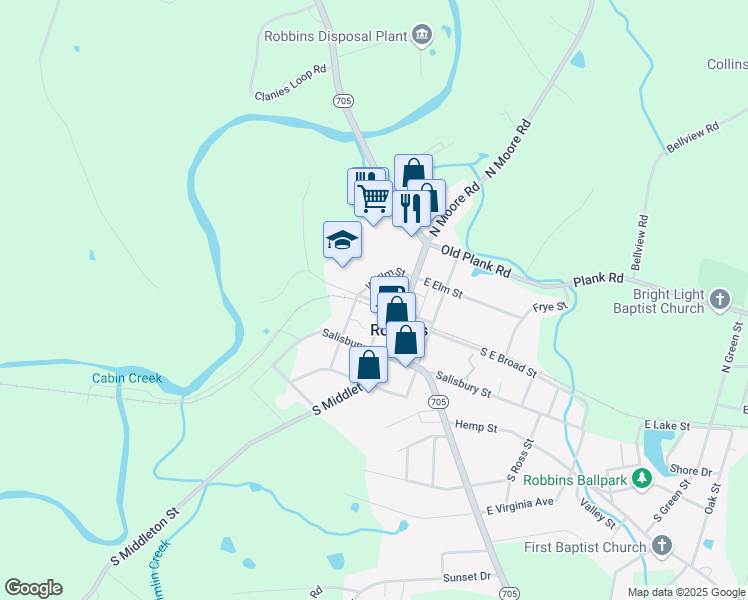 map of restaurants, bars, coffee shops, grocery stores, and more near 180 North West Broad Street in Robbins