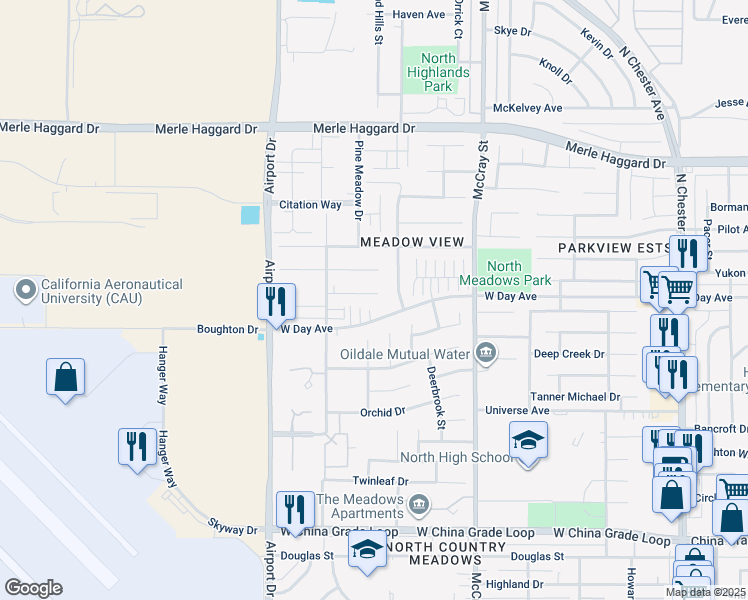 map of restaurants, bars, coffee shops, grocery stores, and more near 3013 Pinecreek Court in Bakersfield