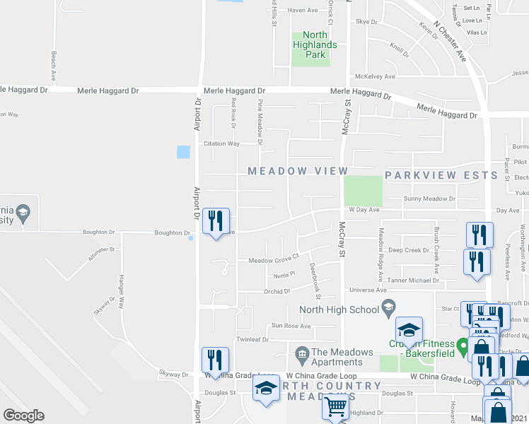 map of restaurants, bars, coffee shops, grocery stores, and more near 702 West Day Avenue in Bakersfield