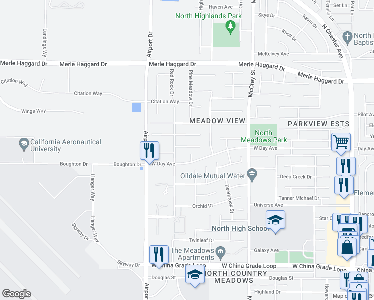 map of restaurants, bars, coffee shops, grocery stores, and more near 702 West Day Avenue in Bakersfield