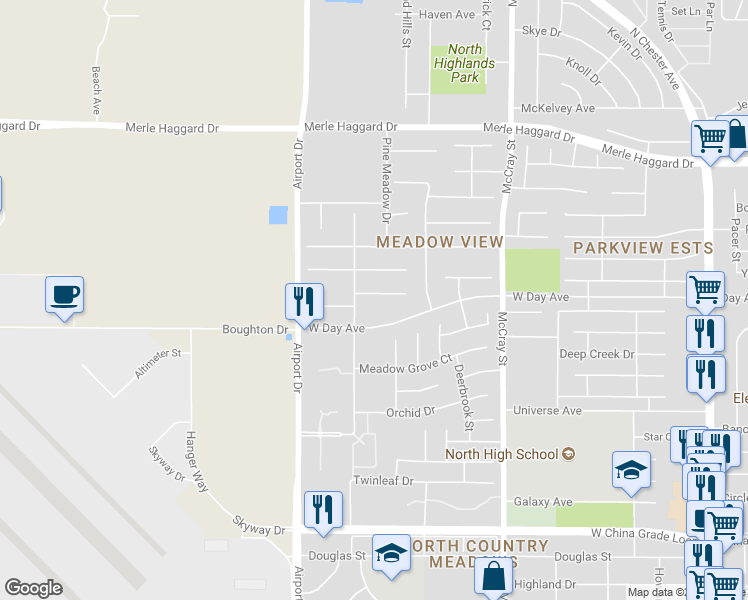 map of restaurants, bars, coffee shops, grocery stores, and more near 702 West Day Avenue in Bakersfield