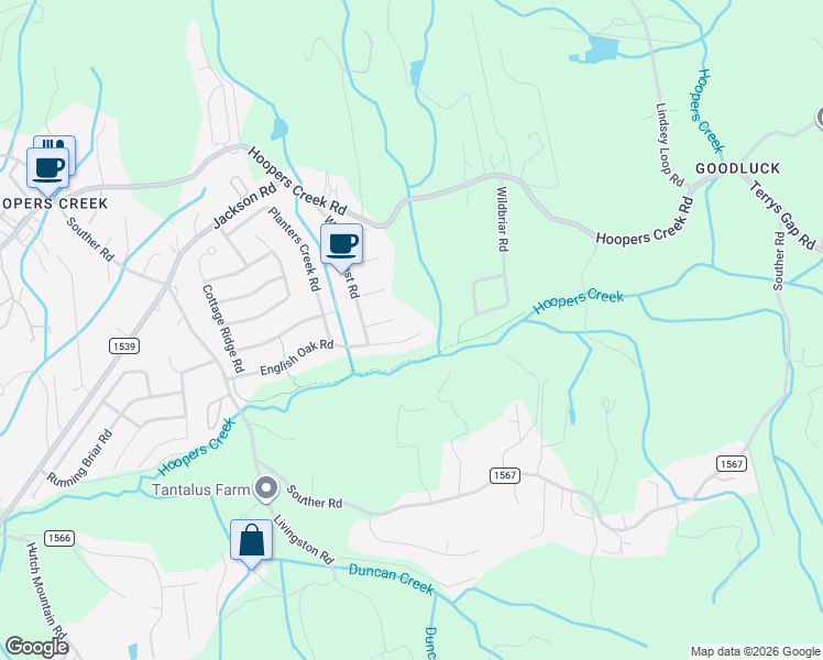 map of restaurants, bars, coffee shops, grocery stores, and more near 455 English Oak Road in Fletcher