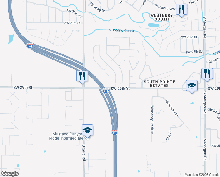 map of restaurants, bars, coffee shops, grocery stores, and more near 10384 Southwest 29th Street in Mustang
