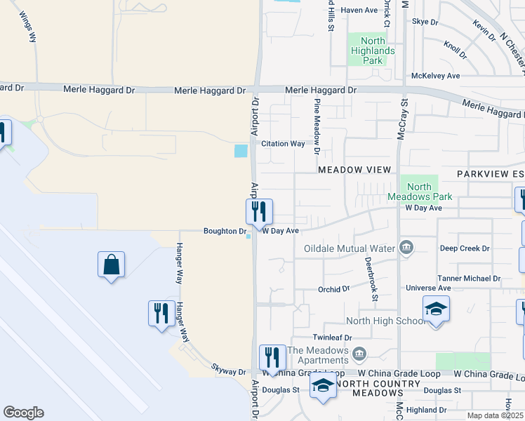 map of restaurants, bars, coffee shops, grocery stores, and more near 3127 Alhambra Meadow Court in Bakersfield