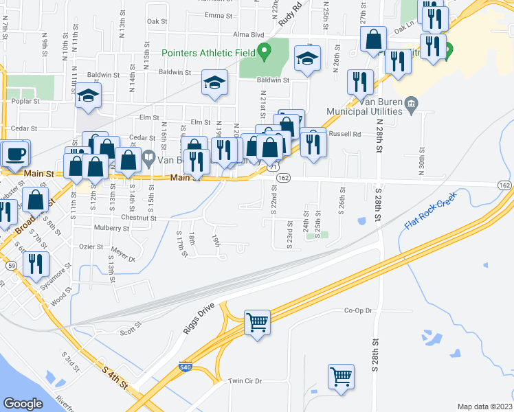 map of restaurants, bars, coffee shops, grocery stores, and more near 20 South 21st Street in Van Buren