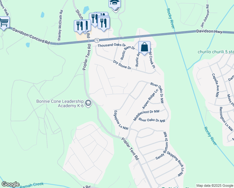 map of restaurants, bars, coffee shops, grocery stores, and more near 11237 Smokethorn Drive Northwest in Concord