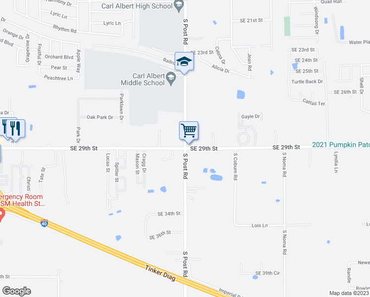 map of restaurants, bars, coffee shops, grocery stores, and more near SE 29th St & S Post Rd in Midwest City