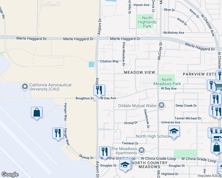 map of restaurants, bars, coffee shops, grocery stores, and more near 719 West Day Avenue in Bakersfield