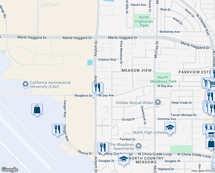 map of restaurants, bars, coffee shops, grocery stores, and more near 719 West Day Avenue in Bakersfield