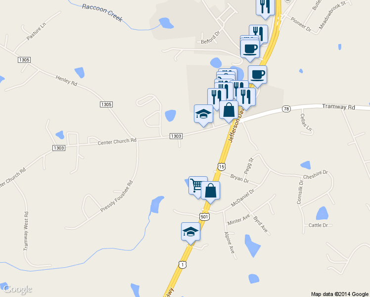 map of restaurants, bars, coffee shops, grocery stores, and more near 253 Center Church Road in Sanford
