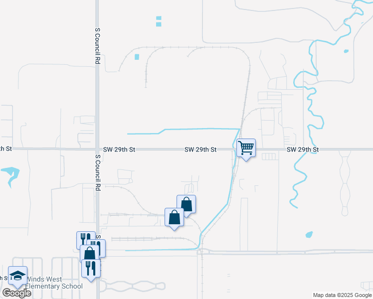 map of restaurants, bars, coffee shops, grocery stores, and more near 7471 Southwest 29th Street in Oklahoma City